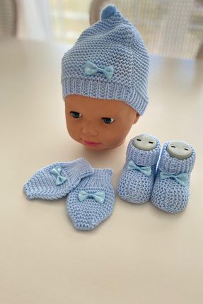 Bebek 3lü Patik Şapka Eldiven Takımı - Mavi