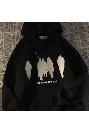 Touz Moda Y2k No Time No See Bask l Oversize Unisex Siyah Kap onlu Hoodie Sweatshirt