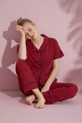 Kadın Bordo Kısa Kollu Pamuklu Önden Düğmeli Biyeli Pijama Takımı