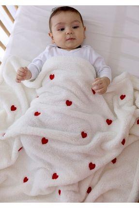 Kalp Nakışlı Welsoft bebek battaniyesi 80x100 cm Krem