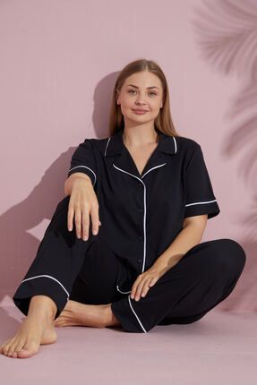 Büyük Beden Kadın Siyah Kısa Kollu Pamuklu Önden Düğmeli Biyeli Pijama Takımı