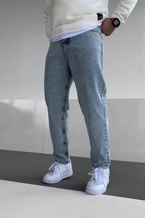 Erkek Asit Yıkama Yıpratmalı Açık Mavi Kot Baggy Pantolon Jean