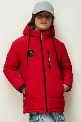 Erkek Çocuk Kırmızı Içi Elyaflı Kapüşonlu Rüzgar Geçirmez Şişme Kışlık Mont
