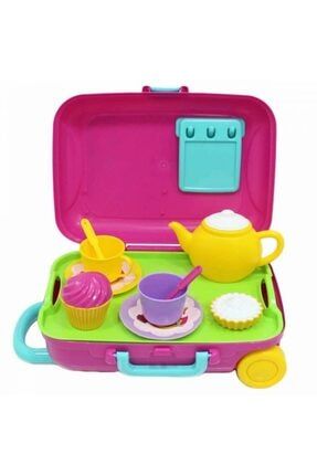 Oyuncak Kız Çocuk Çaydanlık Bardak Çay Seti Çekçekli Tekerlekli Bavul Çanta Evcilik