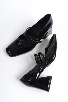 Culia Siyah Rugan Mary Jane Çift Bant Küt Burun Topuklu Ayakkabı