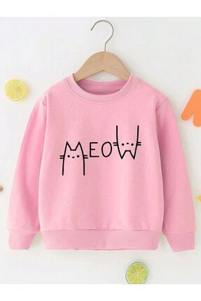 Kız Çocuk Pembe Meow Kedicik Baskılı Sweatshirt