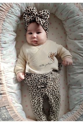 Kız Bebek Leopar Desenli 5li Hastane Çıkış Seti Organik Pamuk Yenidoğan kıyafeti