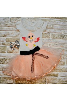 9-12-18 Ay Toka Hediyeli Kuş Desenli Tişört Tütü Etek 2li Kız Bebek Takımı