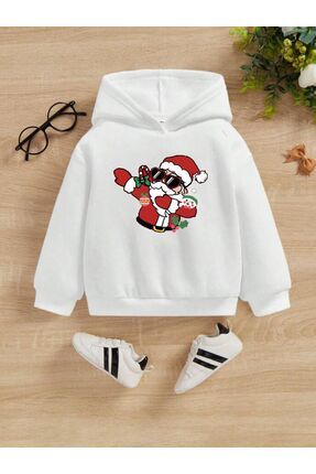 Beyaz Çocuk Kapşonlu Noel Baba Baskılı Unisex Sweatshirt