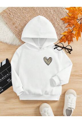 Kız Çocuk Beyaz Kapşonlu Kalp Baskılı Sweatshirt