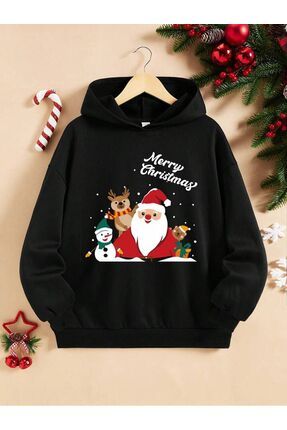 Siyah Çocuk Kapşonlu Merry Christmas BaskıIı Unisex Sweatshirt