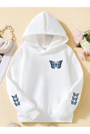 Kız Çocuk Beyaz Kapüşonlu Blue Butterfly Sweatshirt