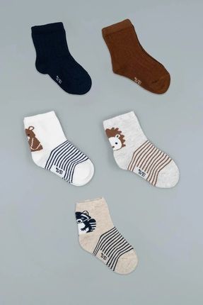 Hitra Tekstil 5'li Hayvan Desenli Organik Dikişsiz 0/3 Yaş Bebek & Çocuk Çorap