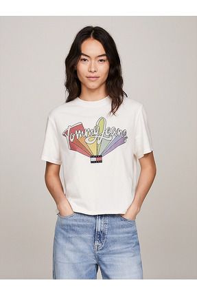 Kadın Baskılı Kısa Kollu Yuvarlak Yaka Beyaz T-Shirt DW0DW17380-YBH