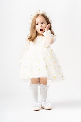 Alyssa Kız Bebek Çocuk Pamuk Astarlı Papatya Baskılı Kabarık Tüllü Elbise (beyaz)