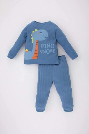 Erkek Bebek Dinazor Baskılı Uzun Kollu Fitilli Kaşkorse 2'li Pijama Takımı