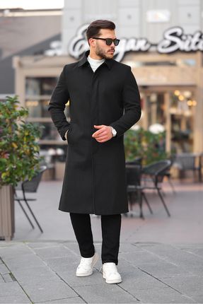 Erkek Siyah Dar Kesim Uzun Yün Karışımlı Kaşe Gömlek Yaka Palto&kaban