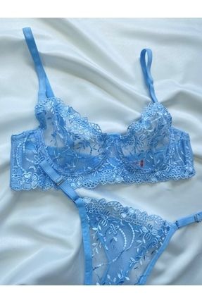 ARONA Barbie Blue Underwire Embroidery Lace Bra Set - Baby Blue