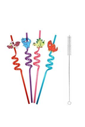 5 Parça Renkli Pipet Seti - Emojili Spiral Kokteyl- Çocuk Pipeti Temizleme Fırçalı P33902S1009