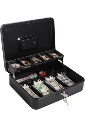 Anahtarlı Kilitli Para Kutusu Para Tepsili ve 5 Bölemeli Metal Para Saklama, Para Kutusu, Yaylı
