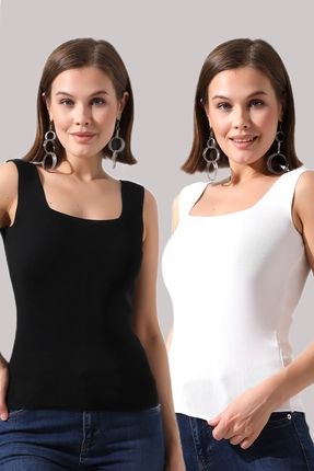 Kadın Siyah Beyaz Kare Yaka Kalın Askılı Likralı 2'li Paket Triko Bluz Crop