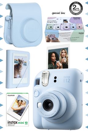 Instax mini 12 Mavi Fotoğraf Makinesi-10'lu Film-Mini Albüm ve Deri Kılıf Seti