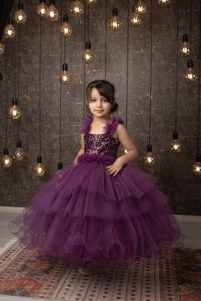 F&r Shop Kız Çocuk Kabarık-tarlatanlı Mor Abiye Gelinlik Düğün Elbisesi Özel Seri Pul Işlemeli