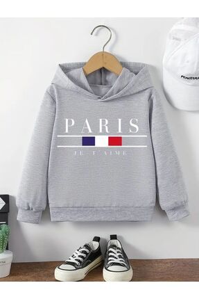 Kız/Erkek Çocuk Kapşonlu Gri Paris Baskılı Sweatshirt