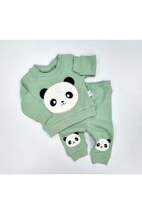 Pamuklu Panda Nakışlı Mevsimlik Bebek Alt Üst Takım Yeşil