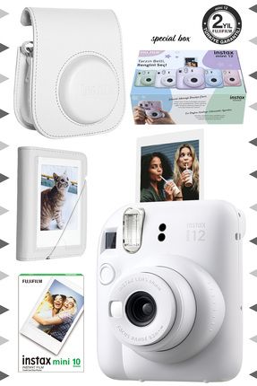 Instax mini 12 Beyaz Fotoğraf Makinesi-10'lu Film-Mini Albüm ve Deri Kılıf Seti