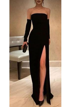 Kadın siyah straplez yaka kol detaylı yırtmaç detaylı uzun elbise