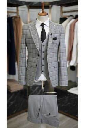 Erkek Ekoseli Takım Elbise İtalyan Kesim Ceket Yelek Pantolon Slim Fit- Lacivert