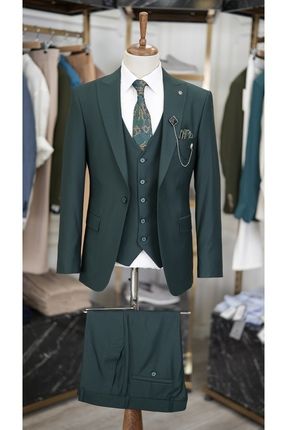 Erkek Slim Fit Italyan Kesim Kırlangıç Yaka Ceket Yelek Pantolon Takım Elbise-yeşil