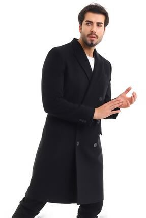 Erkek Siyah Yünlü Regular Fit Kruvaze Yaka Palto Kaban Yüzdeyüz Yün Pardesü