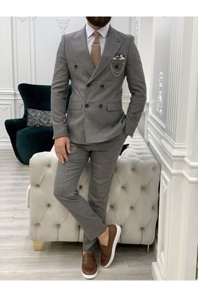 Erkek Ekoseli Kruvaze Takım Elbise İtalyan Kesim Slim Fit Ceket Pantolon-Gri
