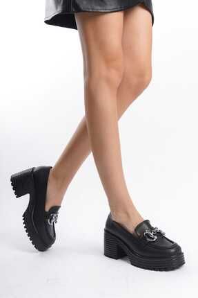 Kadın Siyah Yüksek Topuklu Tokalı Loafer Ayakkabı