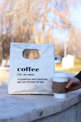 % 100 Pamuk Mini Kanvas " Coffee " Bez Çanta / Tote Bag / Yemek Taşıma Çantası