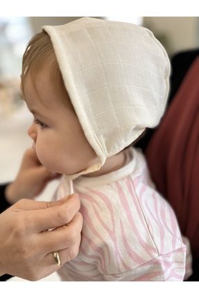 Müslin Kumaş Çift Taraflı Bebek Bonnet Şapka Ekru (3-9 AY)