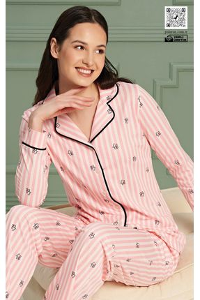 Over Sleep by Poleren Pembe Cizgili Gomlek Yaka Uzun Kollu Kad n Pijama Tak m