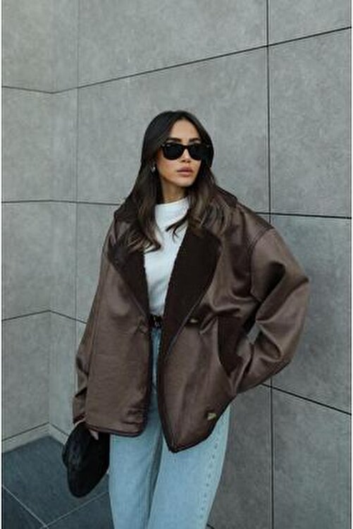Kahverengi Relaxed Fit Kürklü Deri Ceket Hcek467