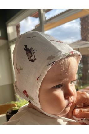 Müslin Kumaş Çift Taraflı Bebek Bonnet Şapka Kuş Desenli (3-9 AY)