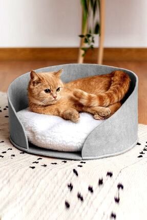 Puki Kedi Yatağı Gri Peluş Minderli Evcil Hayvan Kedi Minderi Kedi Yuvası Evi Kulübesi