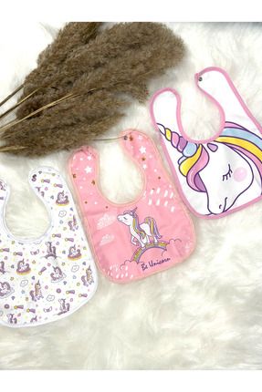 3'lü Set Unicorn Desenli Sıvı Geçirmez Mama Önlüğü 0-24 Ay