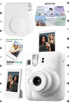 Instax mini 12 Beyaz Fotoğraf Makinesi-10'lu Film-Çerçeve ve Deri Kılıf Seti