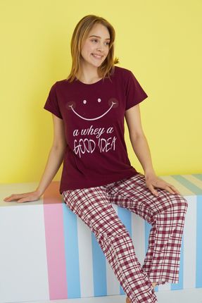 bordo ekose desenli Örme Pijama Takımı