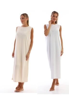 Kolsuz Elbise Astarı Içlik Jupon Beyaz Bej 2li Set