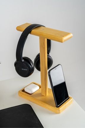 Kulaklık Standı, Ahşap Kulaklık Standı, Telefon Tutuculu, Kulaklık Tutucu, Ofis Aksesuarı - Çam