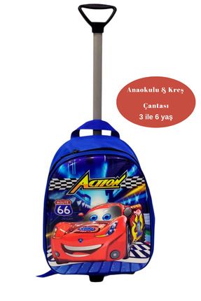 Anaokul Çocuk Sırt Çantası Çekçekli Yarış Arabası Kabartmalı Ön Yüzey 5d Çekçekli Çanta