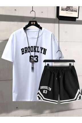 Erkek Beyaz Brooklyn 63 Baskılı Şort T-shirt Takım