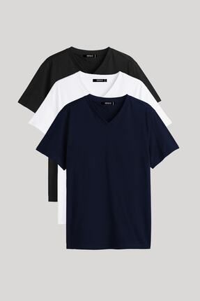 Erkek Çok Renkli T- Shirt Regular Fit Rahat Kesim V Yaka 3'lü Basic Tişört Paketi